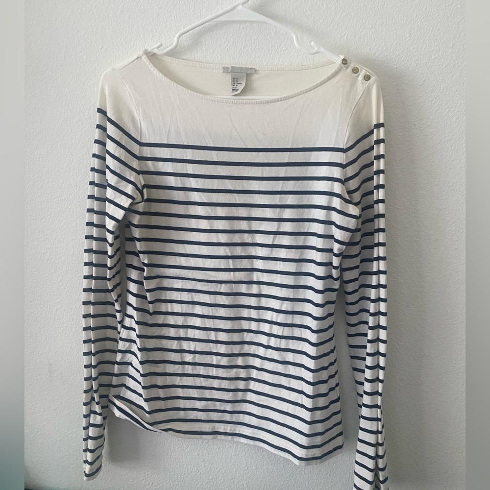 Long sleeve white and blue striped shirt